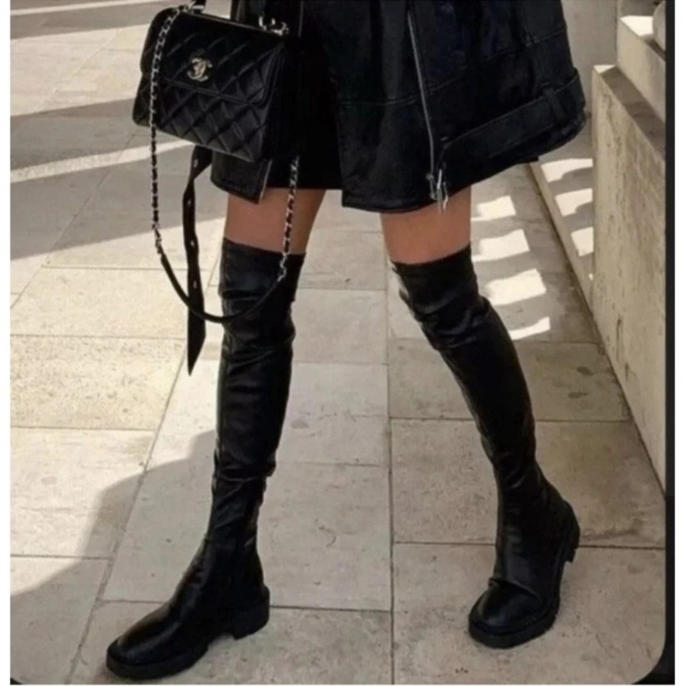 Zara Black Faux Leather Flat Over The Knee Boots Combat Long Tall Size 40